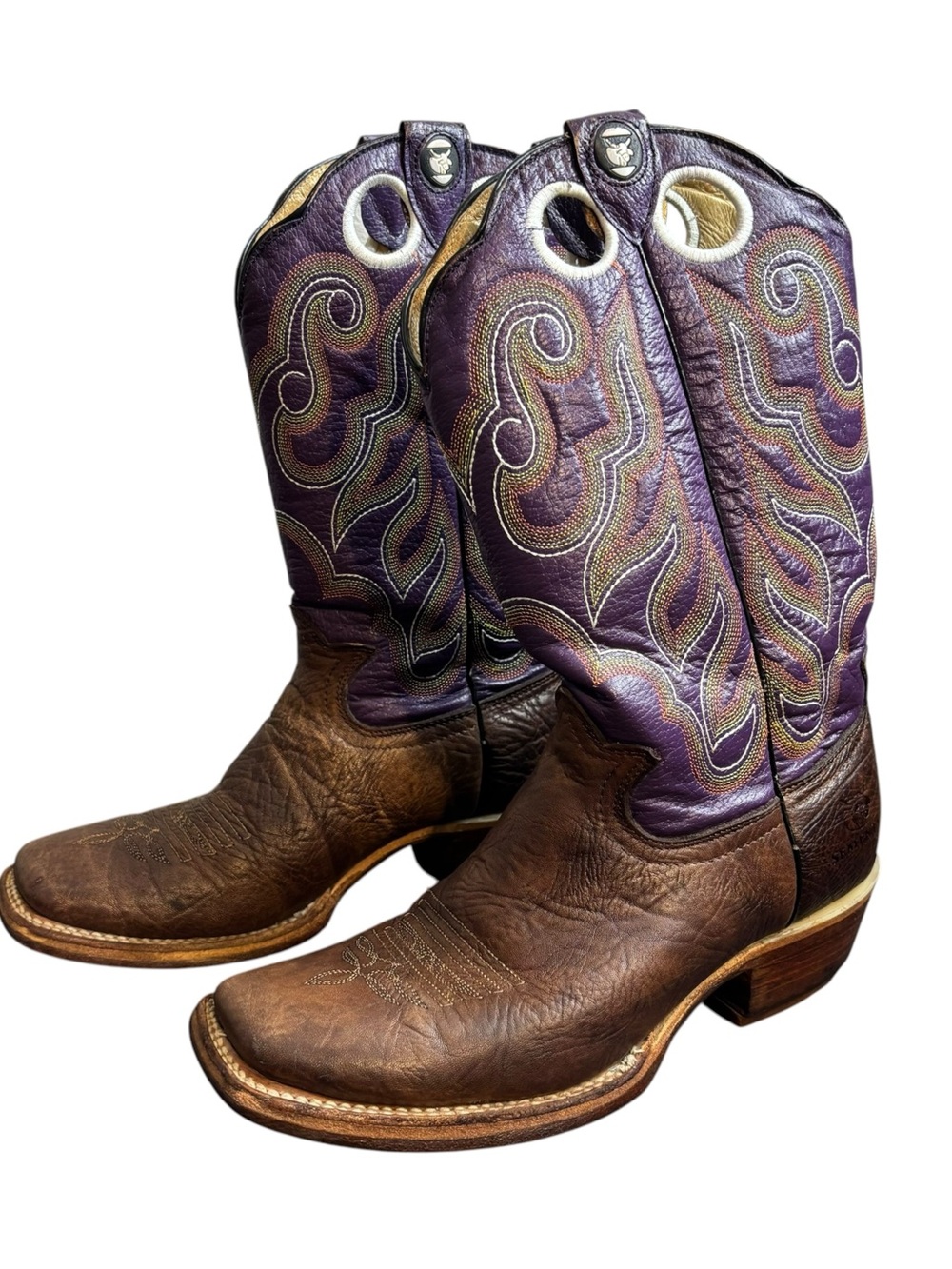 Semental Western Mid Calf Boots Brown Purple Leather Pull On Square Toe Men’s 6